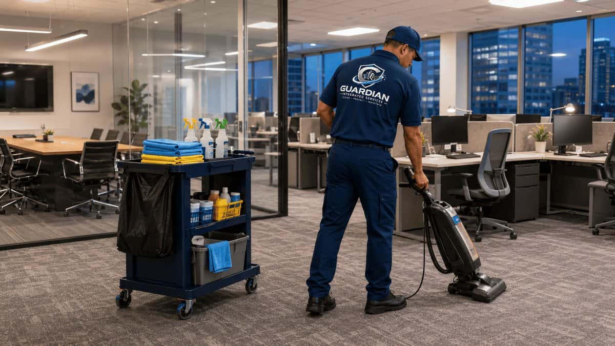 Guardian technician vacuuming an open-plan office after hours with a cleaning cart beside the workstations