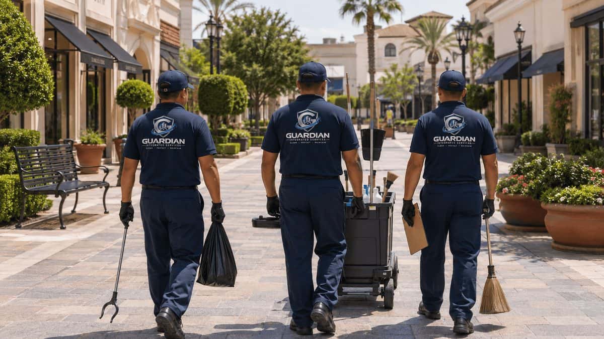 Three Guardian porters with litter pickers, a cart, and a broom walking a shopping center promenade