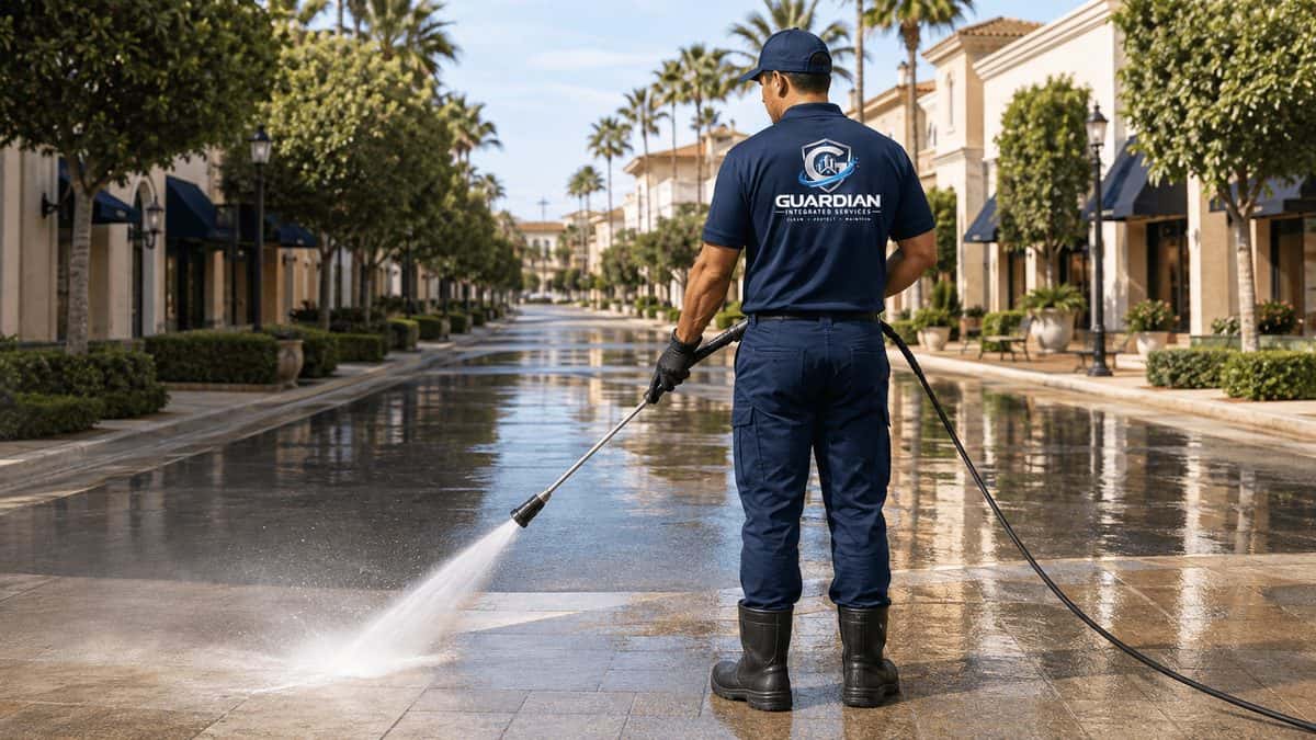Guardian technician pressure washing a stone promenade at a Southern California shopping center
