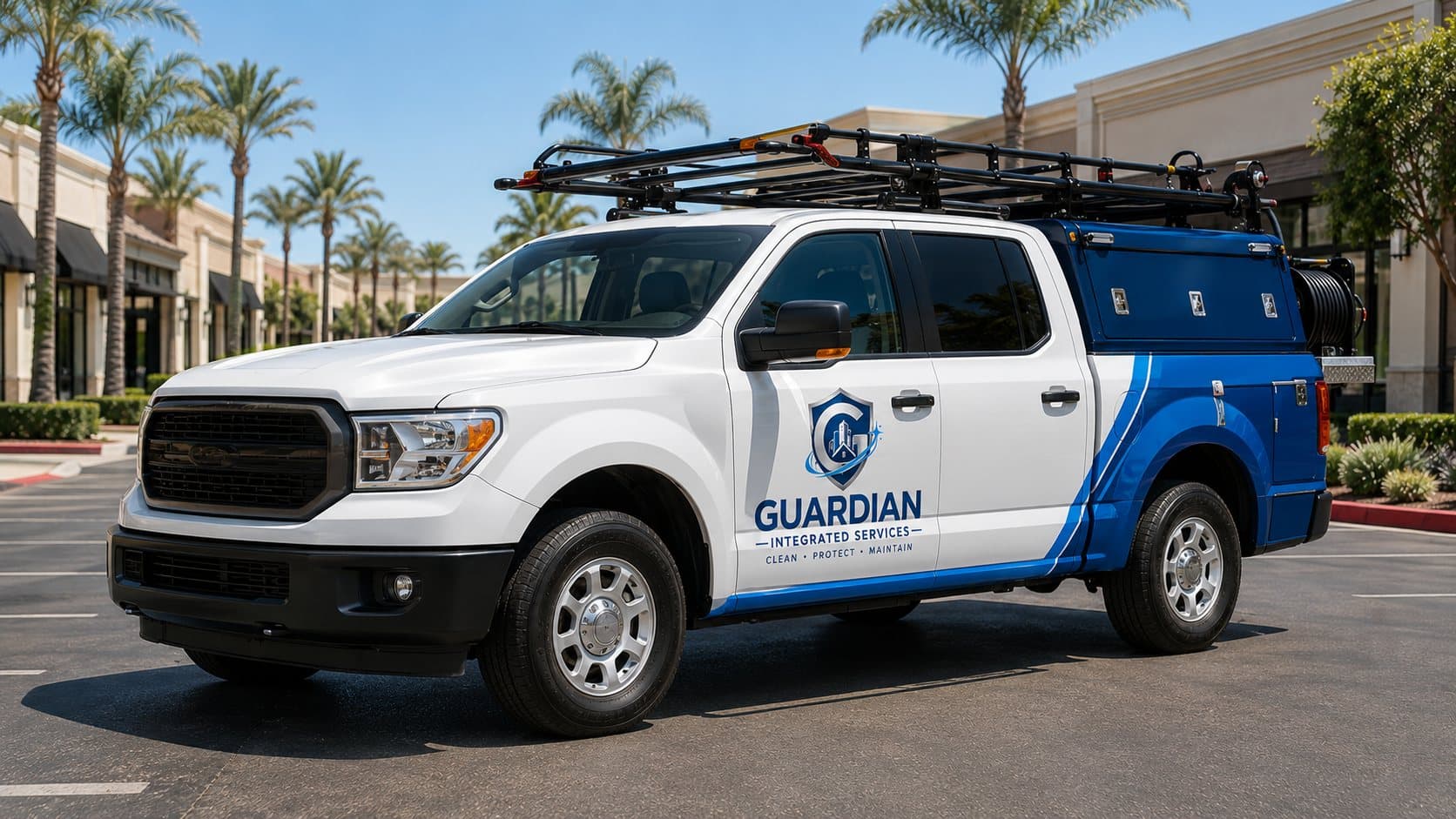 Guardian Integrated Services work truck with roof rack and pressure-washing equipment parked at a Southern California shopping center