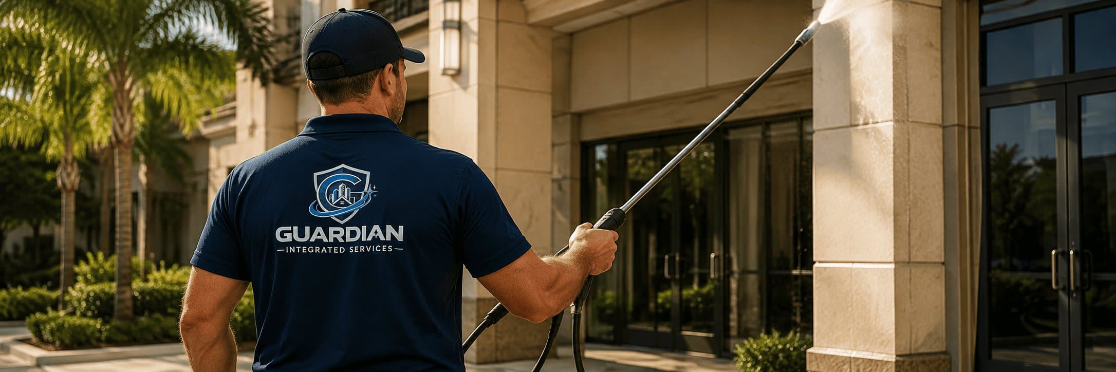 Guardian technician pressure washing the stone entrance of a commercial building
