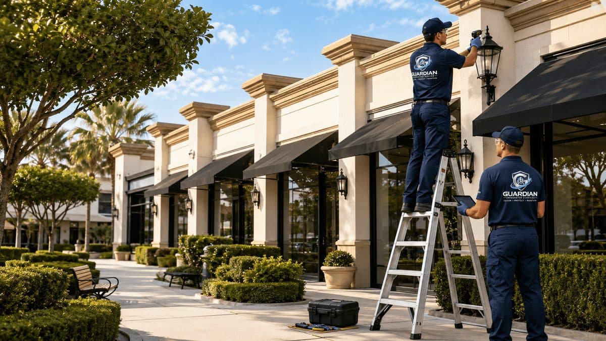 Guardian technicians on a ladder servicing an exterior light fixture on a retail storefront