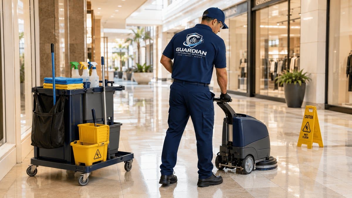 Guardian janitorial technician running a floor scrubber in a polished mall corridor beside a supply cart and wet-floor sign