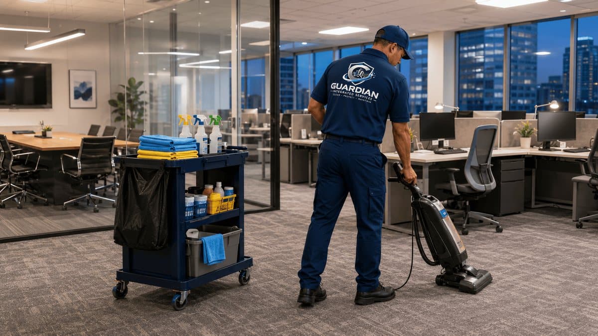 Guardian technician vacuuming an open-plan office after hours with a cleaning cart beside the workstations