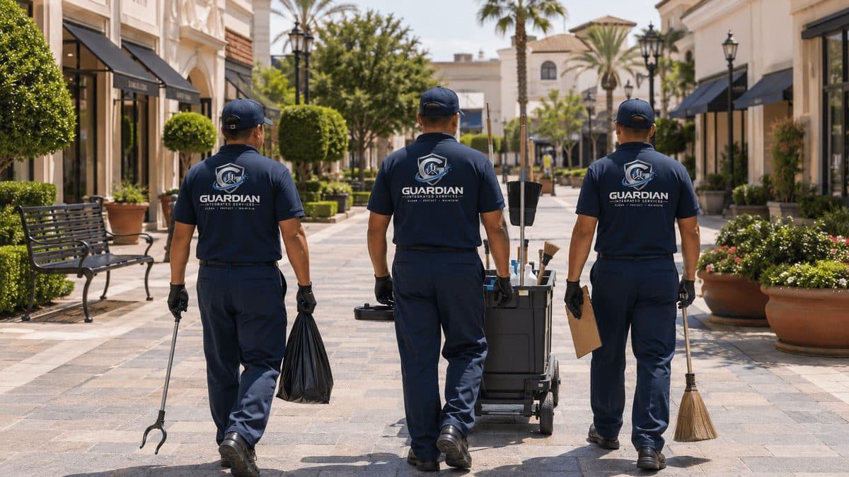 Three Guardian porters with litter pickers, a cart, and a broom walking a shopping center promenade