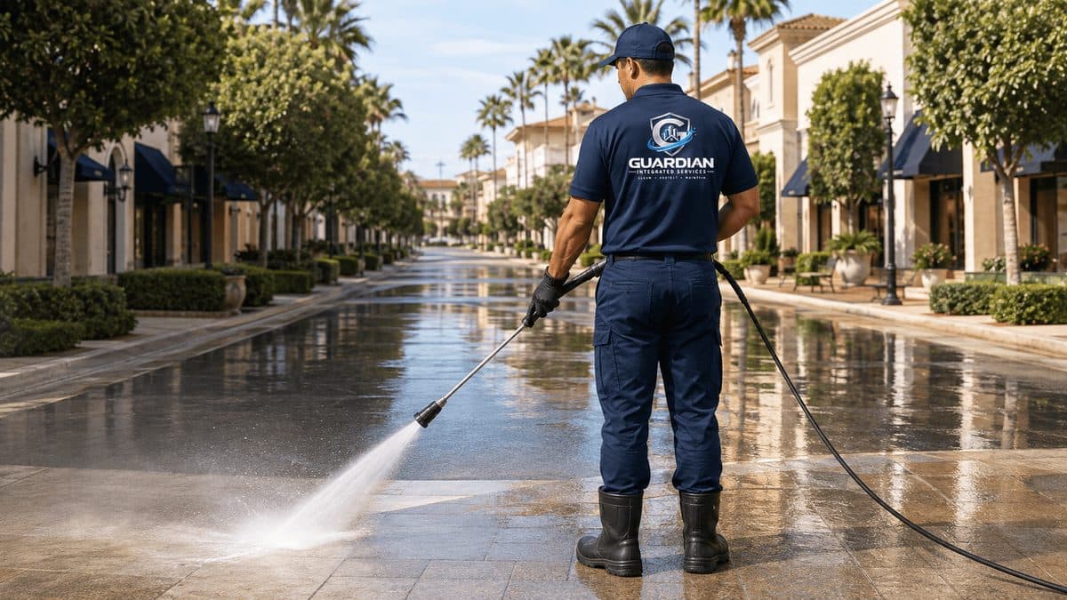 Guardian technician pressure washing a stone promenade at a Southern California shopping center