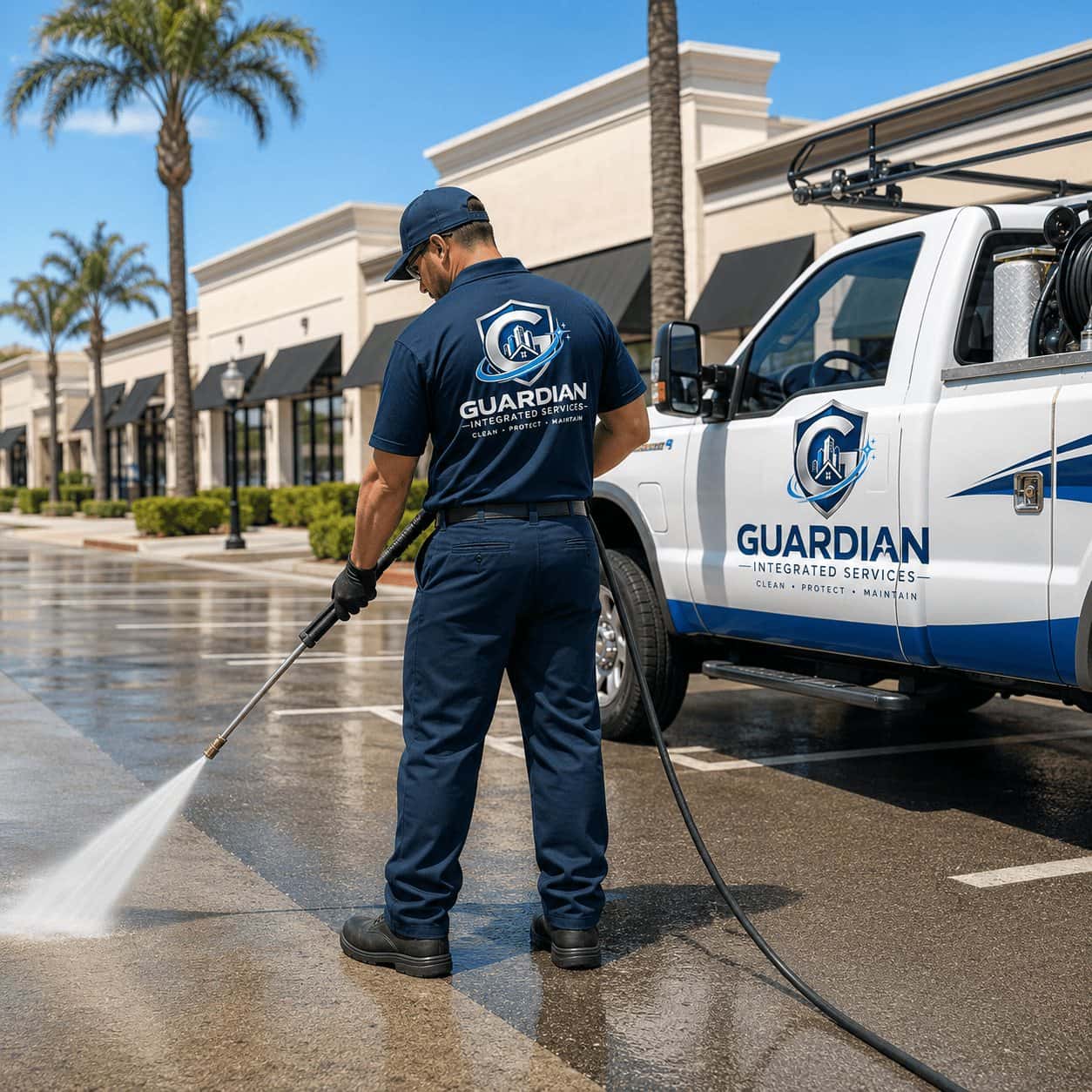 Guardian Integrated Services technician pressure washing a commercial plaza beside a branded work truck